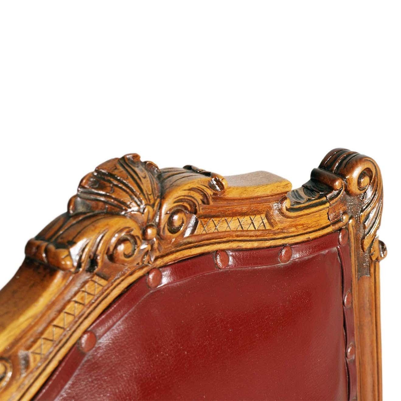 Furniture 1880s Italian Chairs Neoclassic Eclectic Hand Carved Walnut Leather Upholstered photo
