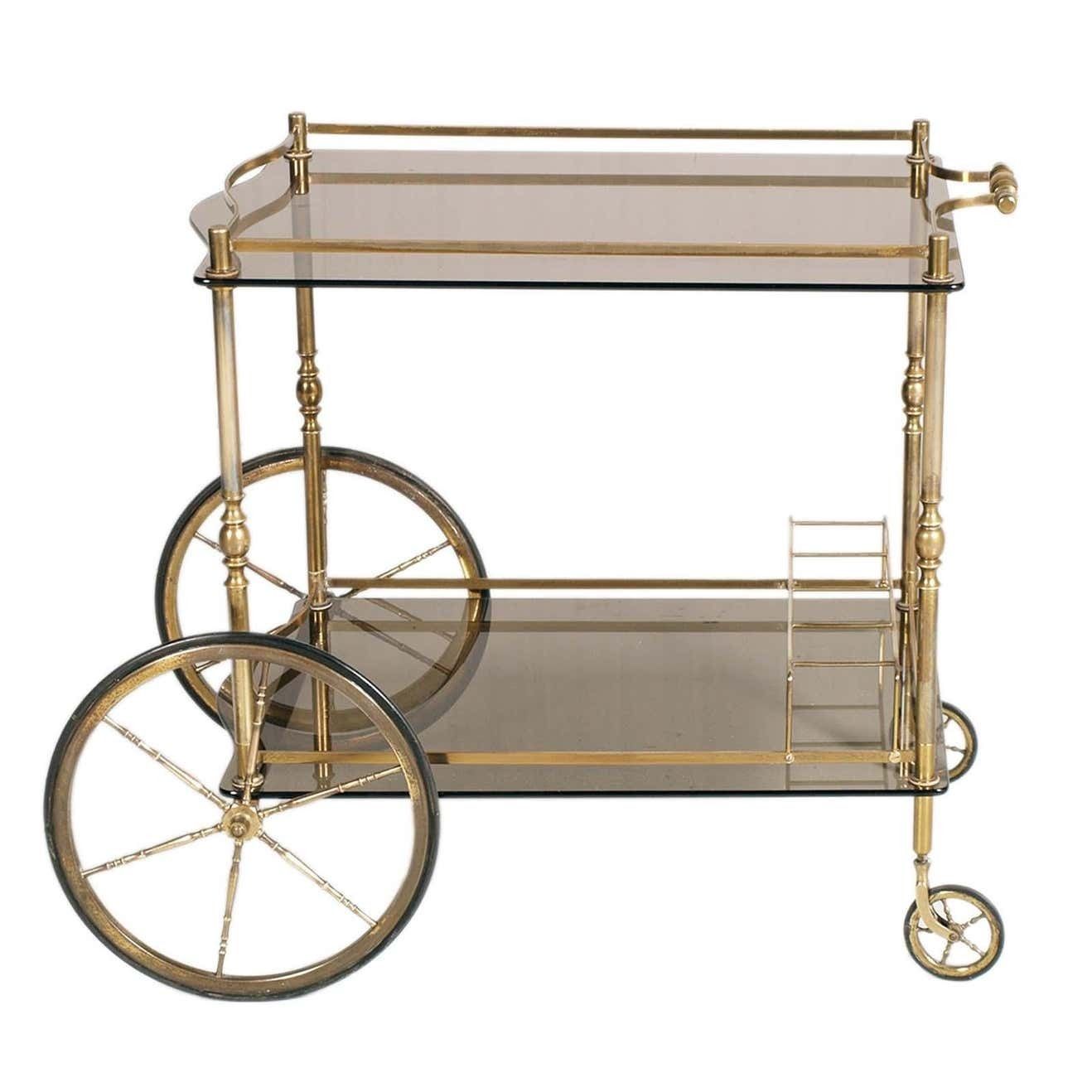 1950s Bar Cart By Aldo Tura For Danieli Hotel Venice Golden Brass Two Tops Glass photo for sale