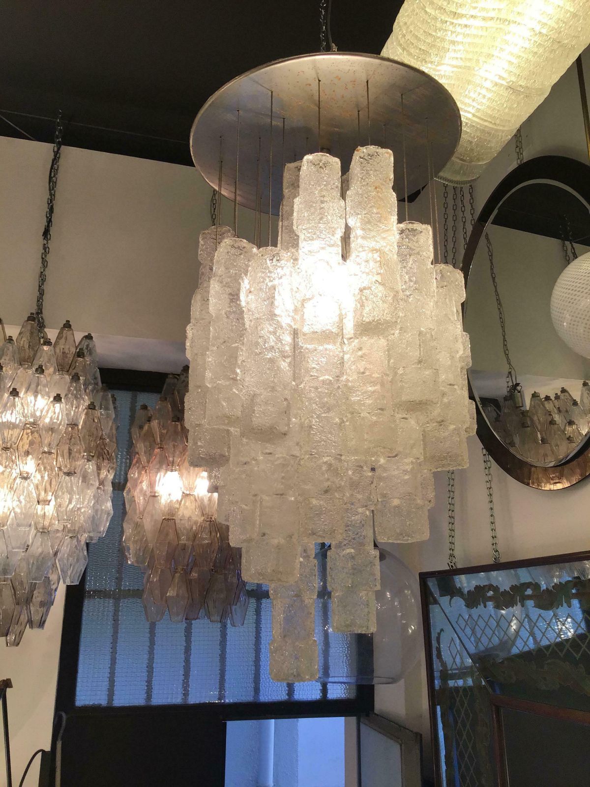 photo vinterior Zero Quattro Chandelier Murano Glass Metal Crome 1955 Italy