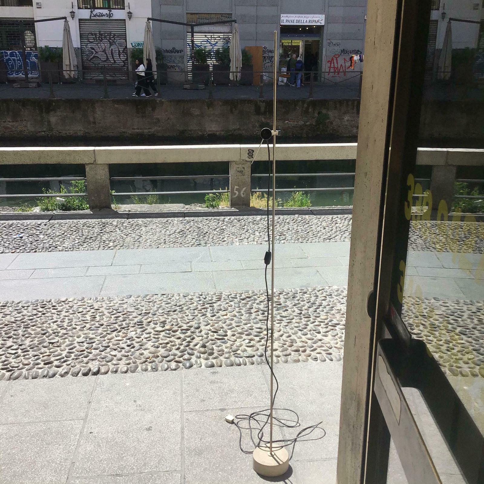 photo vintage Tito Agnoli Floor Lamp  Oluce  Travertine Base Metal Crome 1954 Italy