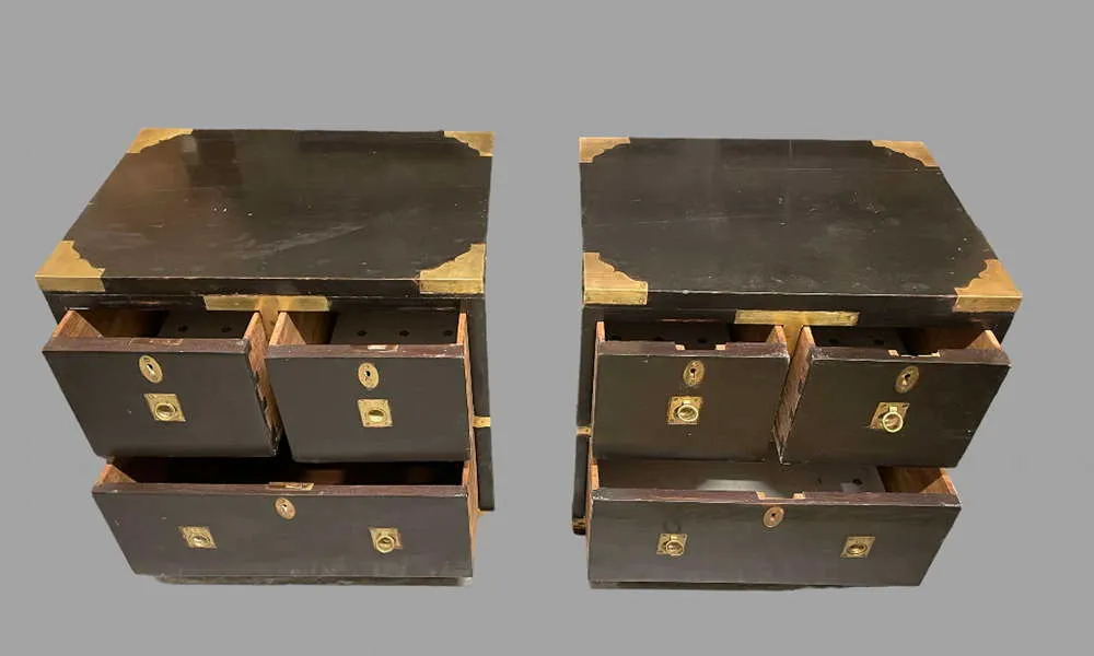 Pair Of Hollywood Regency Black Lacquer Campaign Chests photo for sale