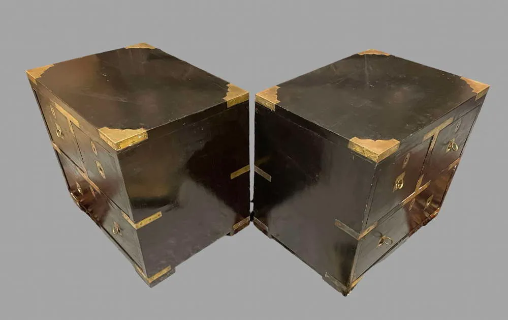 Pair Of Hollywood Regency Black Lacquer Campaign Chests photo Furniture