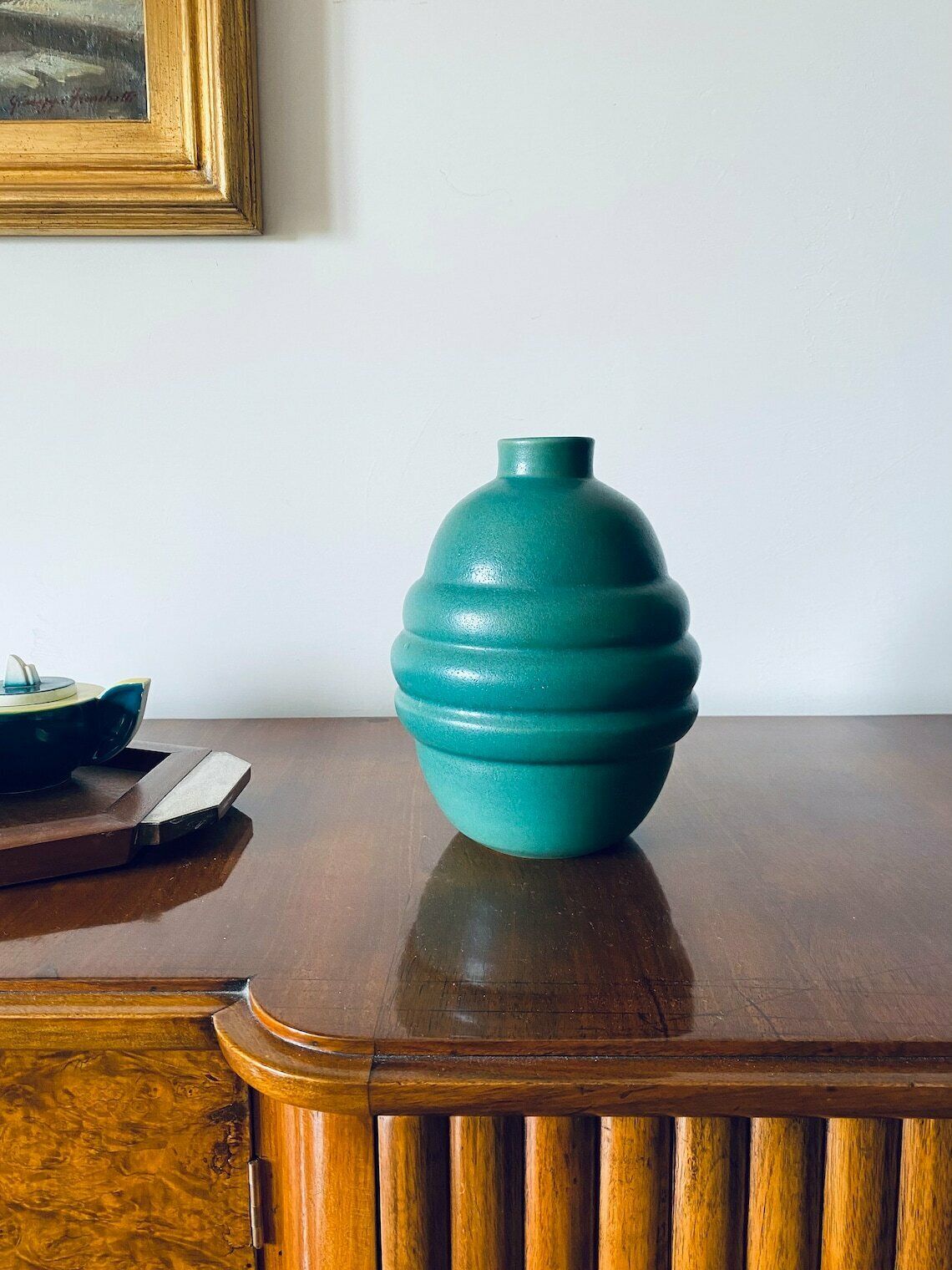 Art Déco Turquoise Faience Vase, France 1940s photo furniture
