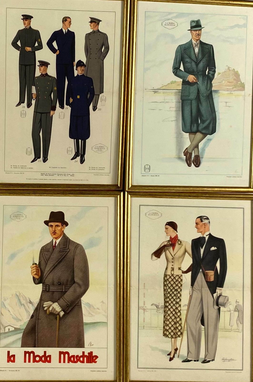 La Moda Maschile, Set Of 6 Framed Original Illustrations Of Men's Fashion From The 30s, Italy 1930s photo for sale
