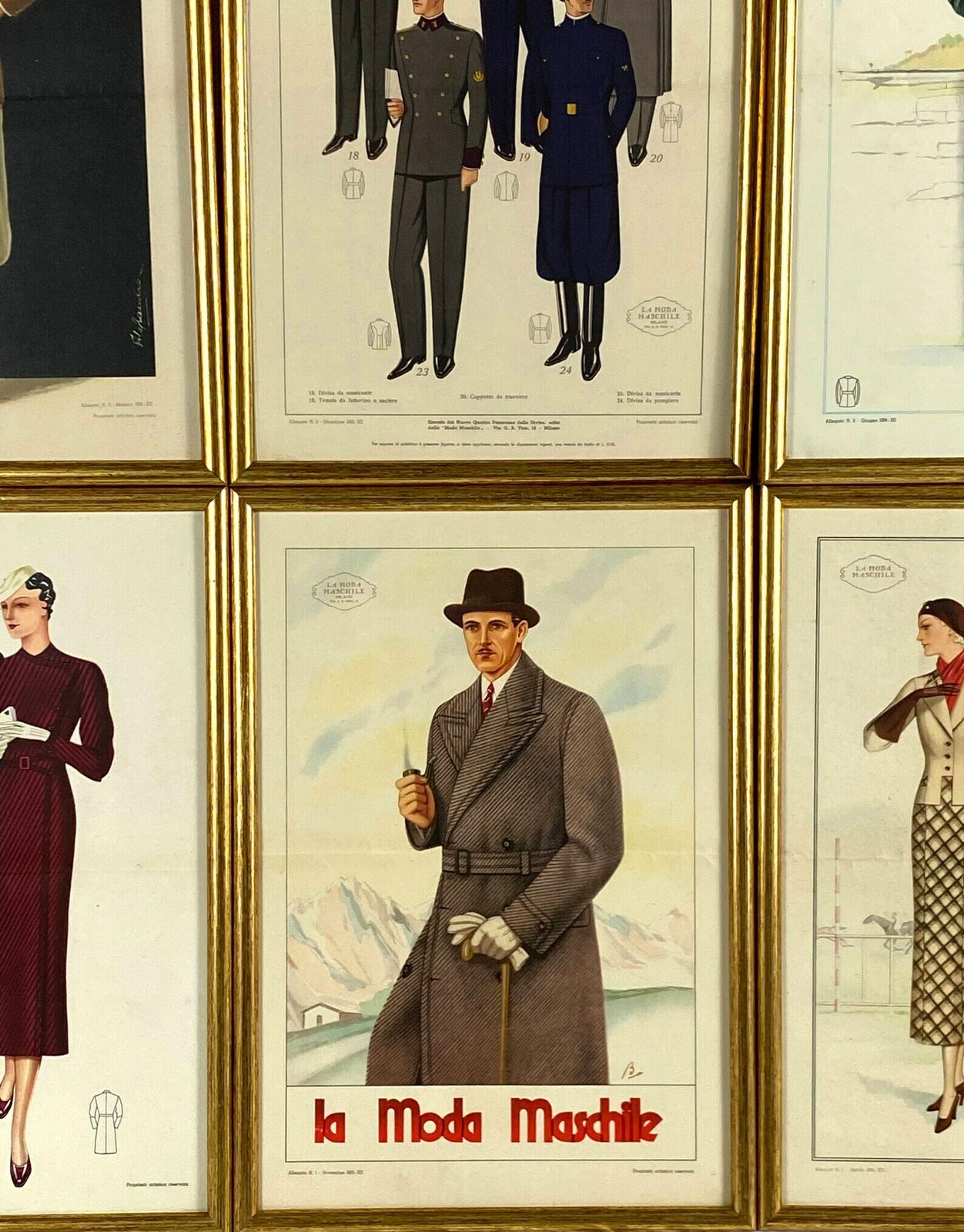photo for sale La Moda Maschile, Set Of 6 Framed Original Illustrations Of Men's Fashion From The 30s, Italy 1930s