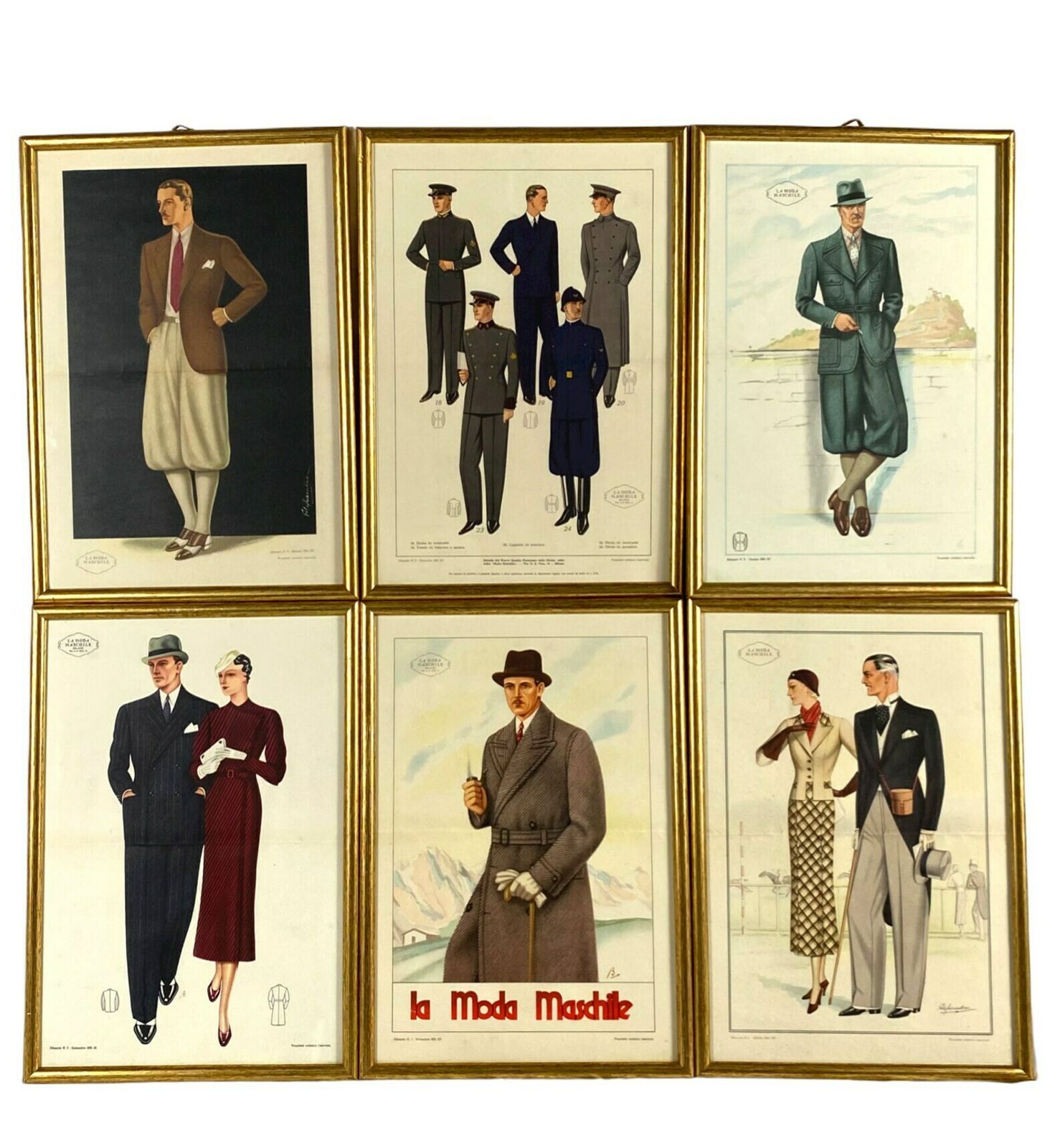 photo buy La Moda Maschile, Set Of 6 Framed Original Illustrations Of Men's Fashion From The 30s, Italy 1930s