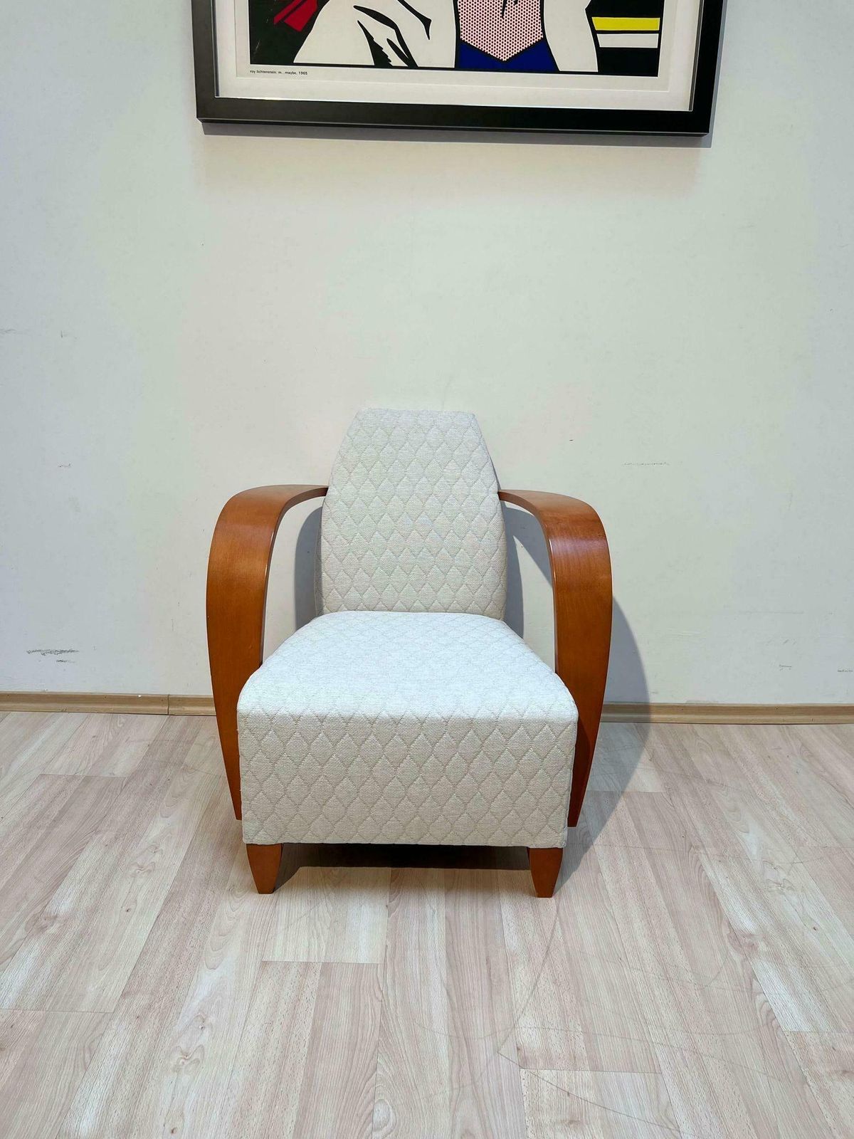 Spanish Design Club Chair, Beech, Plywood, Cream Quilt Fabric, 1990s photo furniture