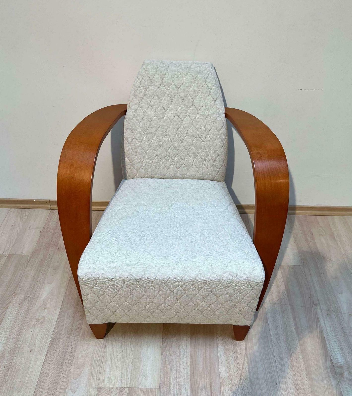 Spanish Design Club Chair, Beech, Plywood, Cream Quilt Fabric, 1990s photo for sale