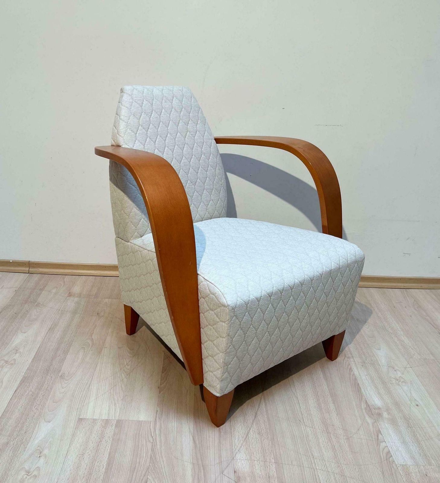 Spanish Design Club Chair, Beech, Plywood, Cream Quilt Fabric, 1990s photo Furniture