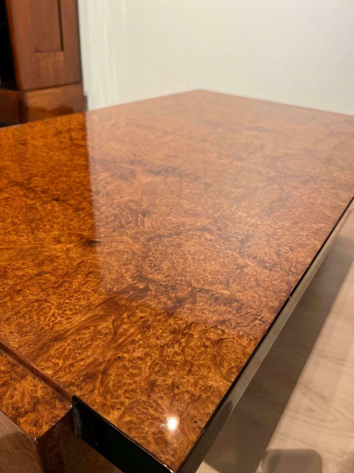 2683.56 Art Deco Sofa Table, Amboyna Roots Veneer, France Circa 1930 photo