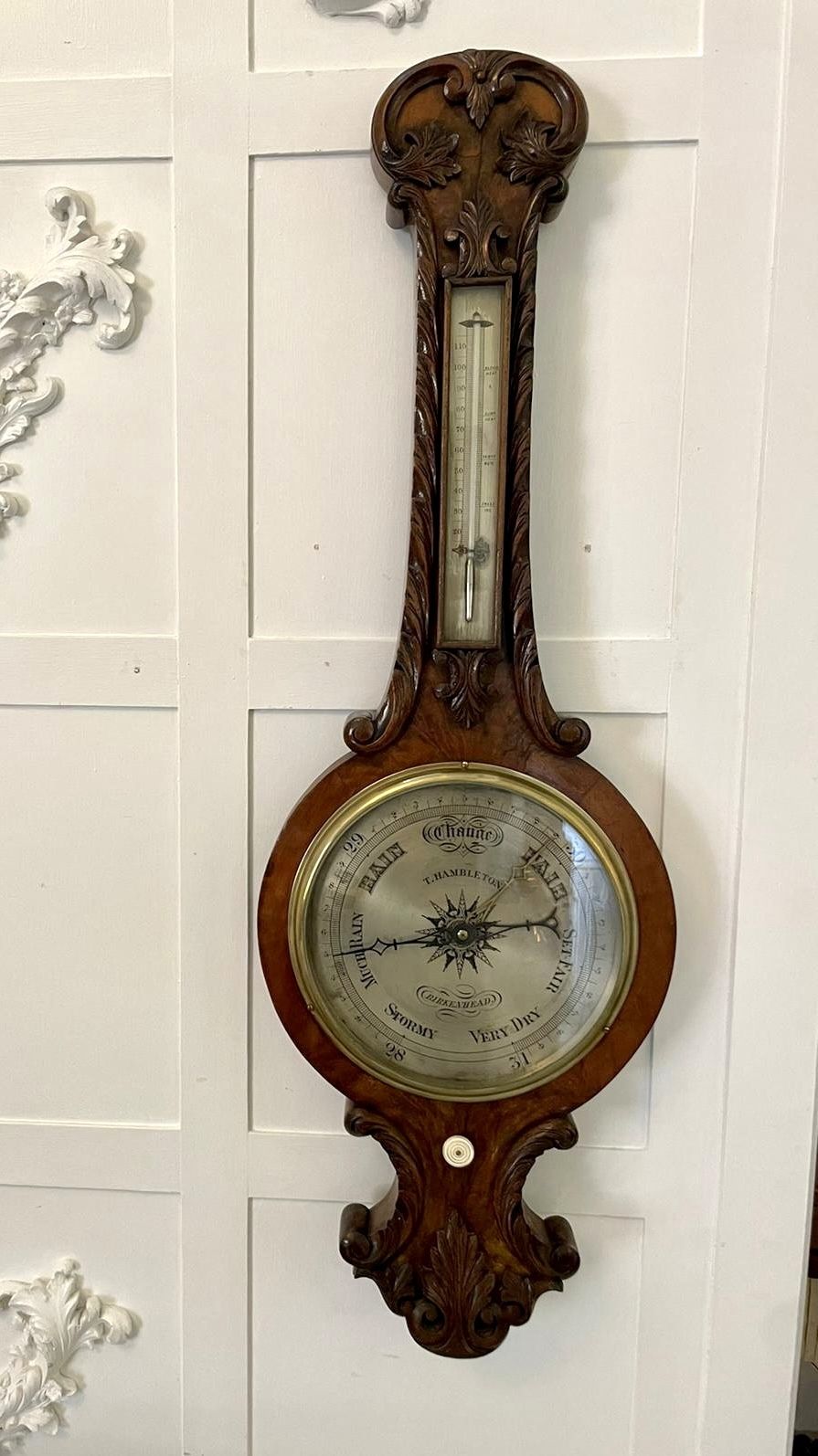 Quality Antique Burr Walnut Carved Banjo Barometer