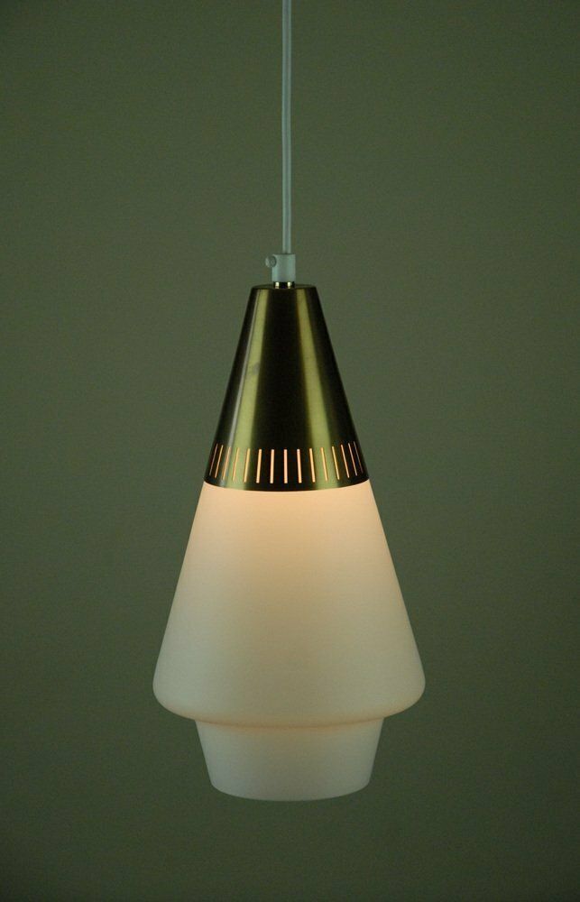 Opaline Glass And Brass Pendant Lamp For Asea Belysning Sweden, 1960s