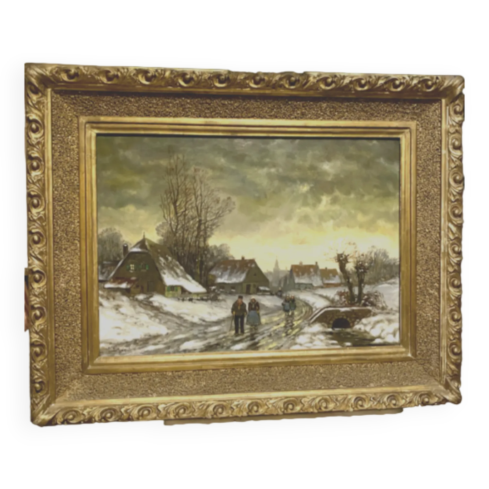 Oil On Canvas "Snowy Village Animated By Characters" XX Century