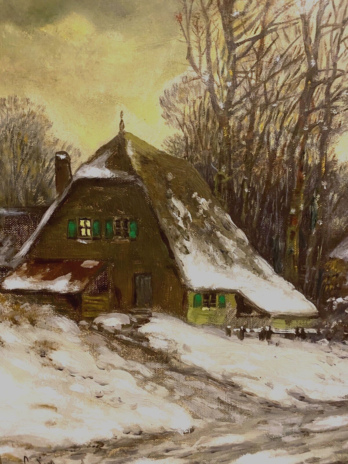 Oil On Canvas "Snowy Village Animated By Characters" XX Century photo buy
