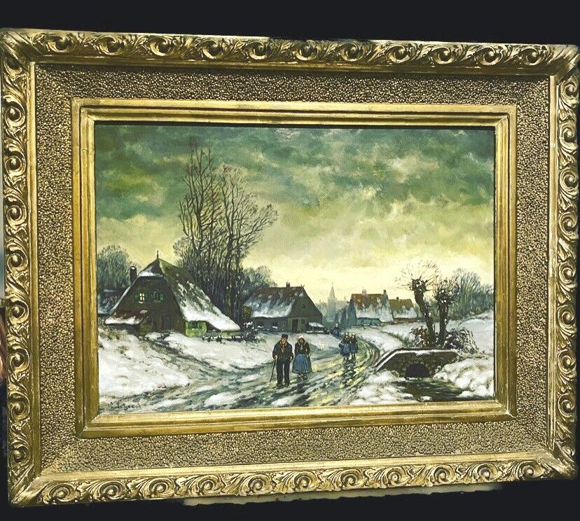photo for sale Oil On Canvas "Snowy Village Animated By Characters" XX Century