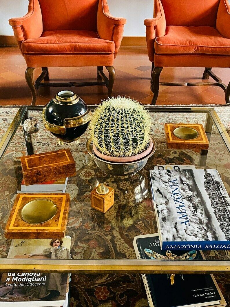 Smoking Set, Brass And Wood Ashtrays, Lighter And Cigars Box, Italy 1970 photo furniture
