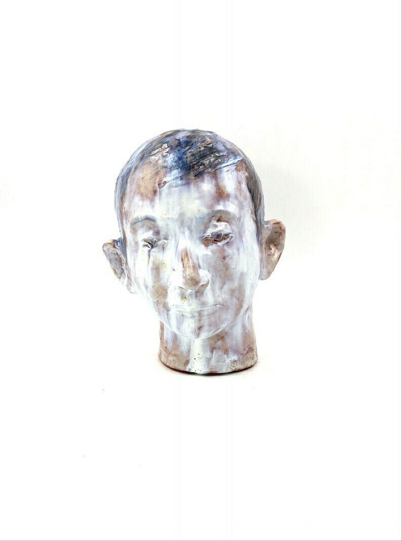 French Glazed Terracotta Boy Head, France 1958