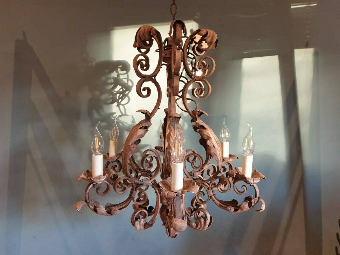 A Stunning French Painted Iron, Six Branch Chandelier. 1930s photo furniture
