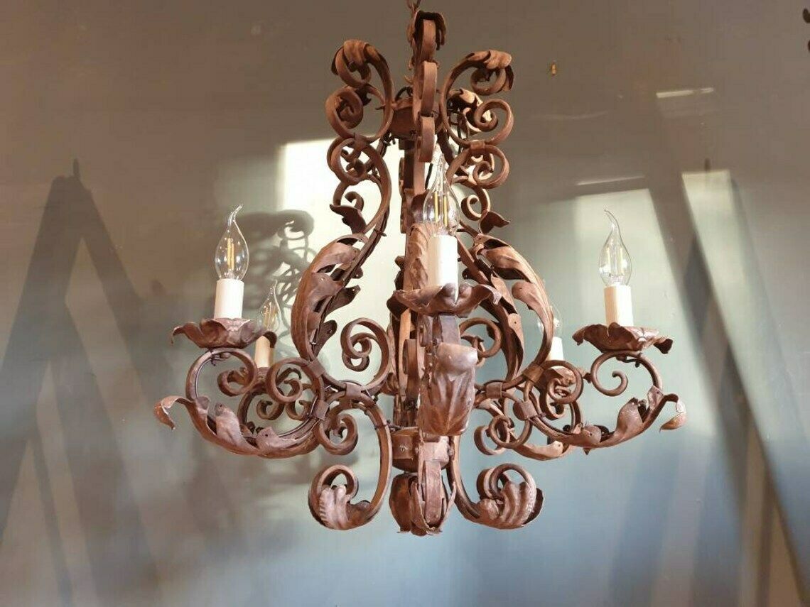 A Stunning French Painted Iron, Six Branch Chandelier. 1930s photo Lighting