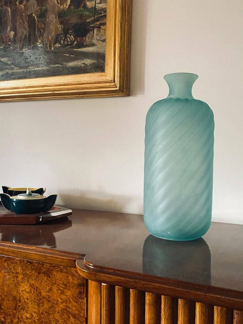 Gino Cenedese, Murano Frosted Glass Aqua Green Vase, Cenedese, Murano Italy 1970s photo furniture
