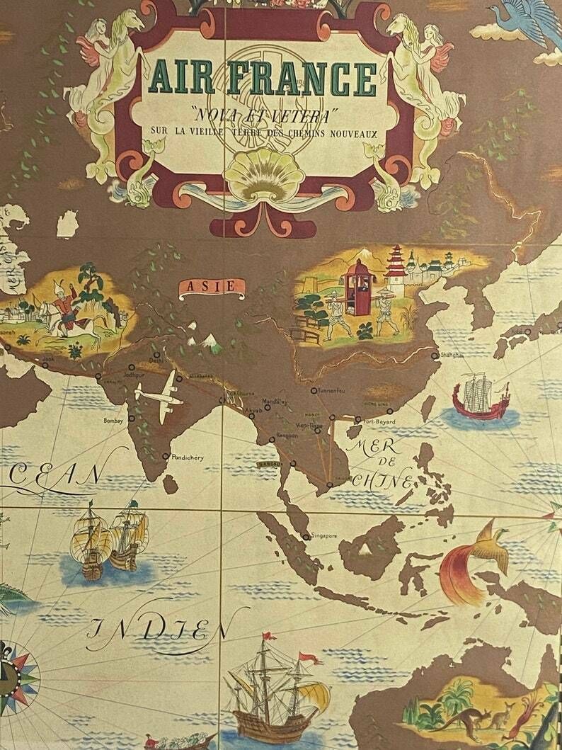 Lucien Boucher, Air France 'Nova Et Vetera' Poster Map, Paris France 1939 photo vinterior