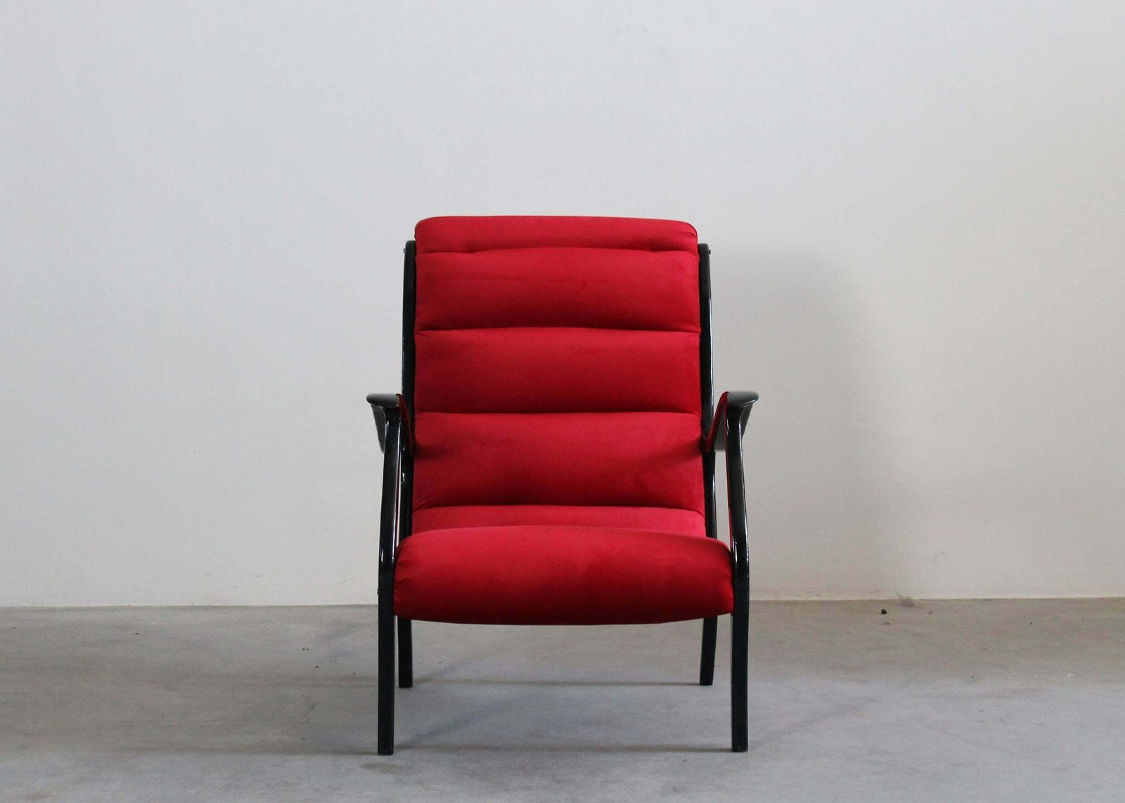 Ezio Longhi Mitzi Armchair In Black Wood And Red Velvet For Elam Italy 1950s