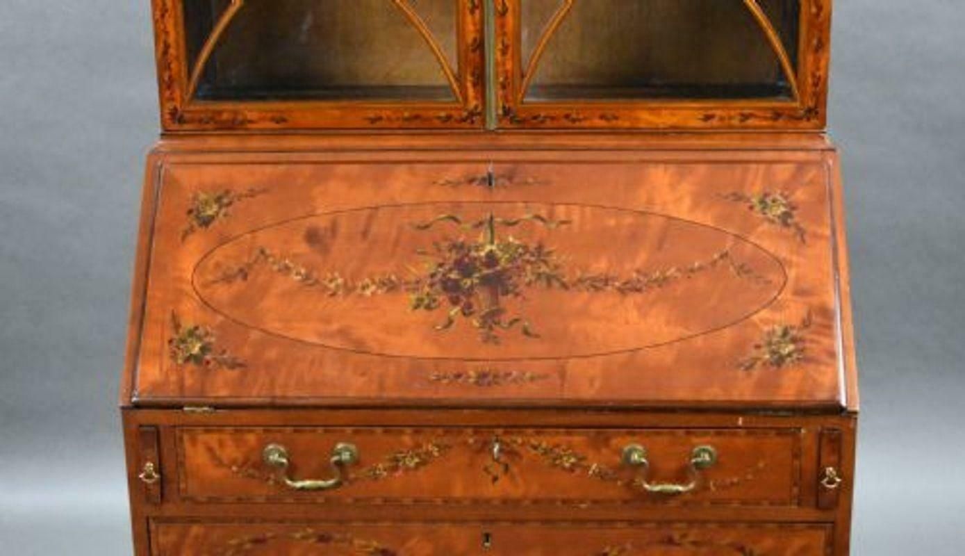 Edwardian Hand Painted Satinwood Bureau Bookcase photo vintage