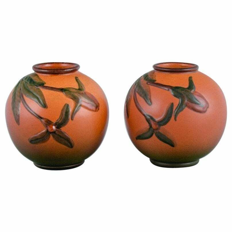 Ipsen's Denmark Two Small Vases With Glaze In Orange Green Shades