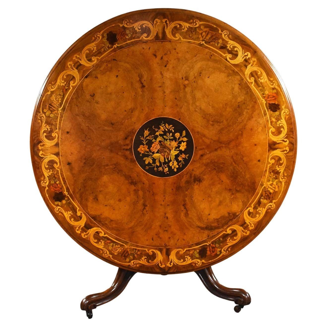 19th Century Victorian Burr Walnut & Marquetry Circular Breakfast