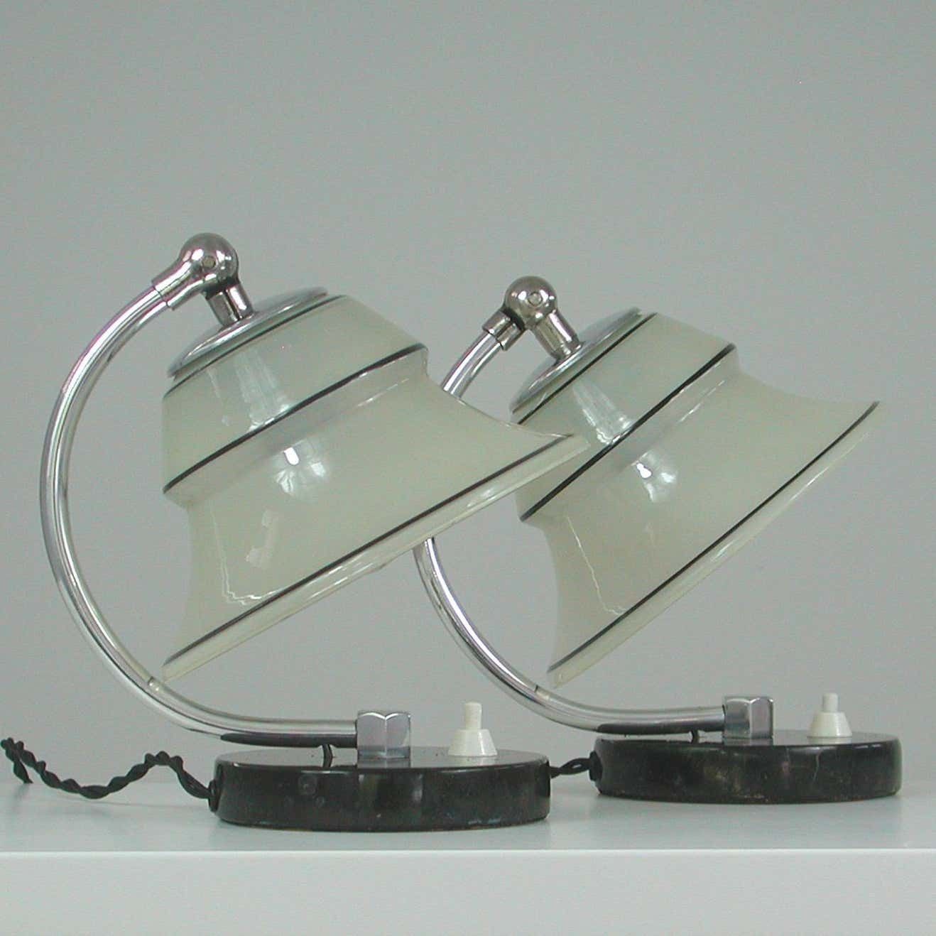 German Art Deco Enameled Satin Glass, Marble And Aluminum Table Lamps, 1930s photo furniture