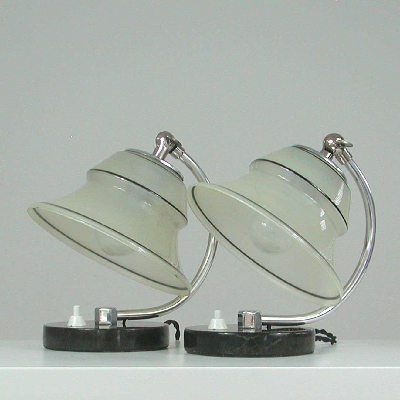 German Art Deco Enameled Satin Glass, Marble And Aluminum Table Lamps, 1930s photo Lighting