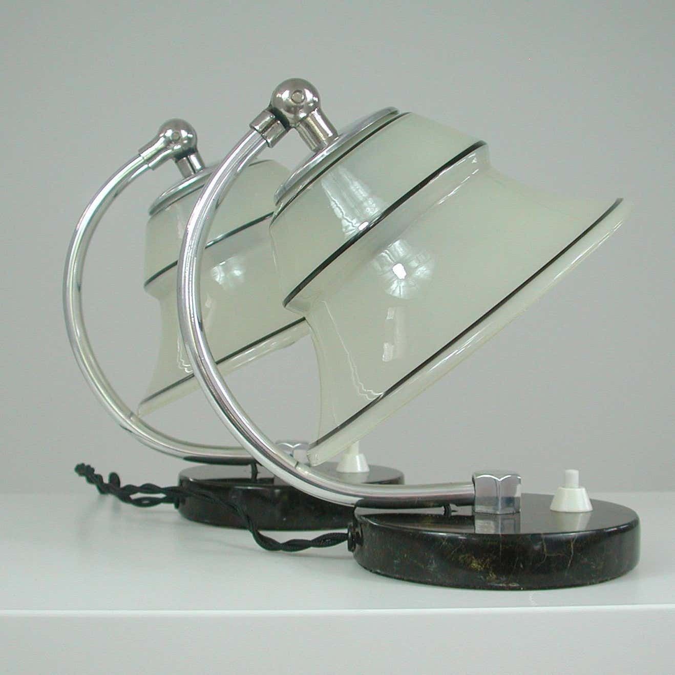 photo buy German Art Deco Enameled Satin Glass, Marble And Aluminum Table Lamps, 1930s