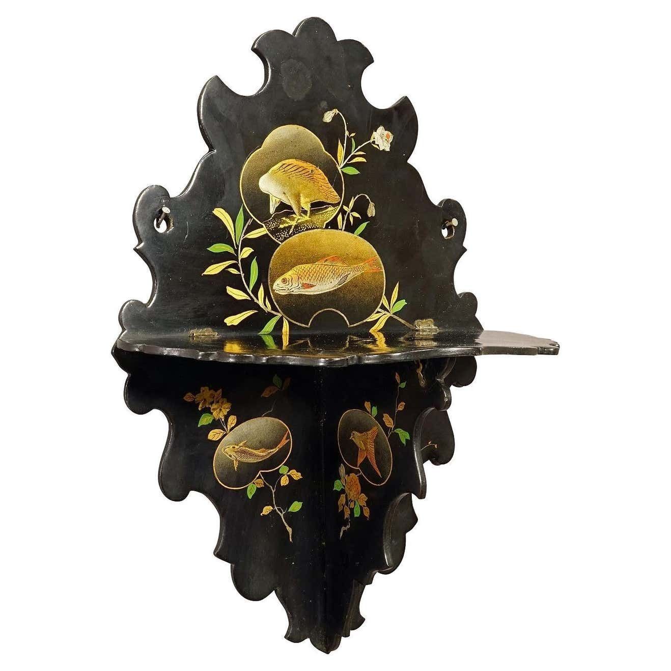 Antique Victorian Papier Mâché Wall Shelve With Japonizing Decoration