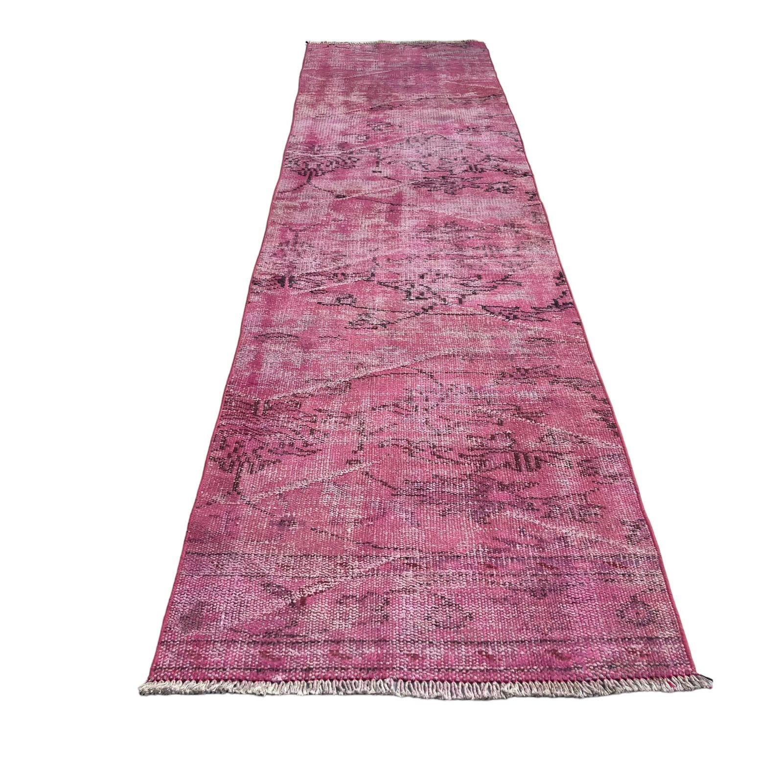 Distressed Turkish Narrow Runner Wool Vintage Rug, Over Dyed Pink