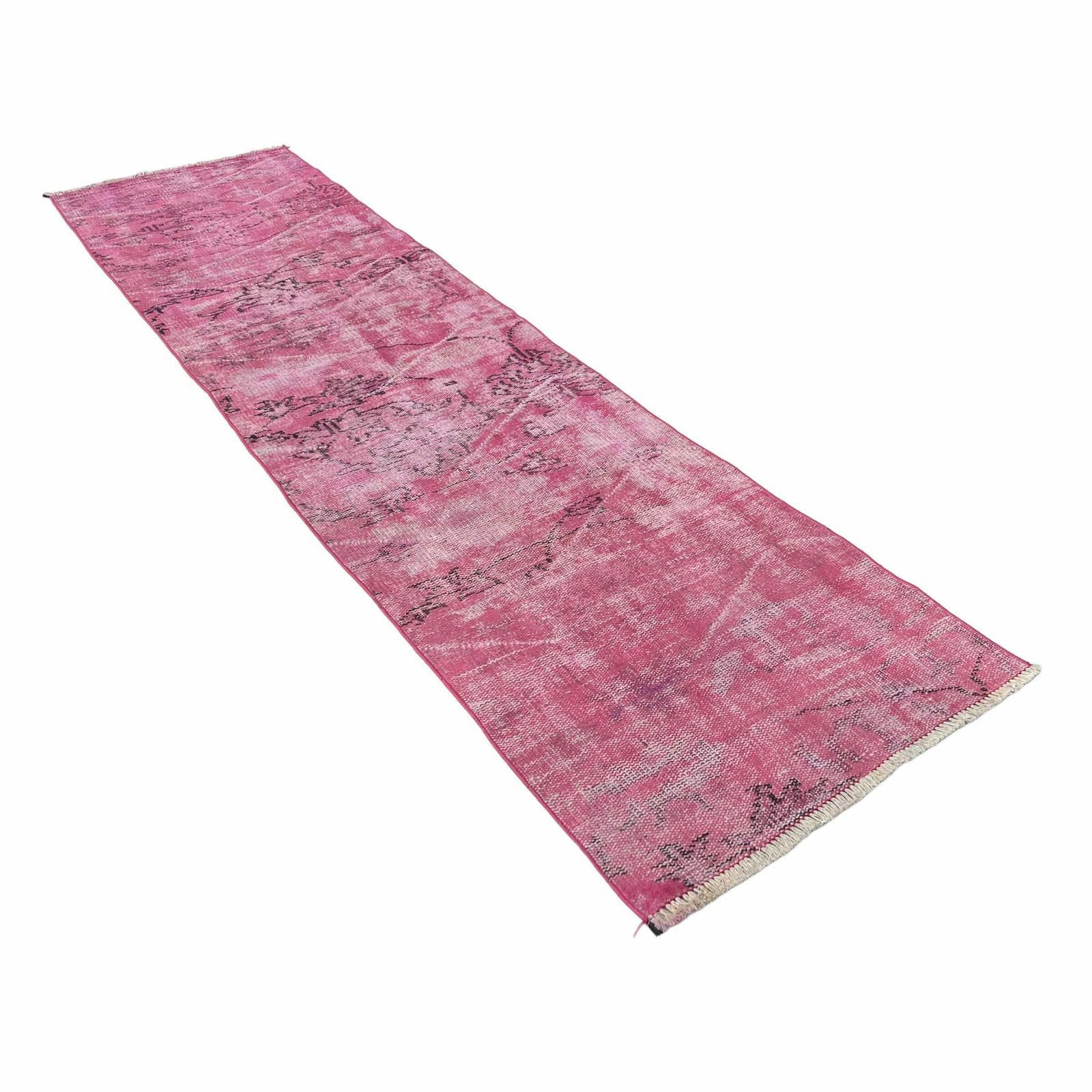Distressed Turkish Narrow Runner Wool Vintage Rug, Over Dyed Pink photo for sale