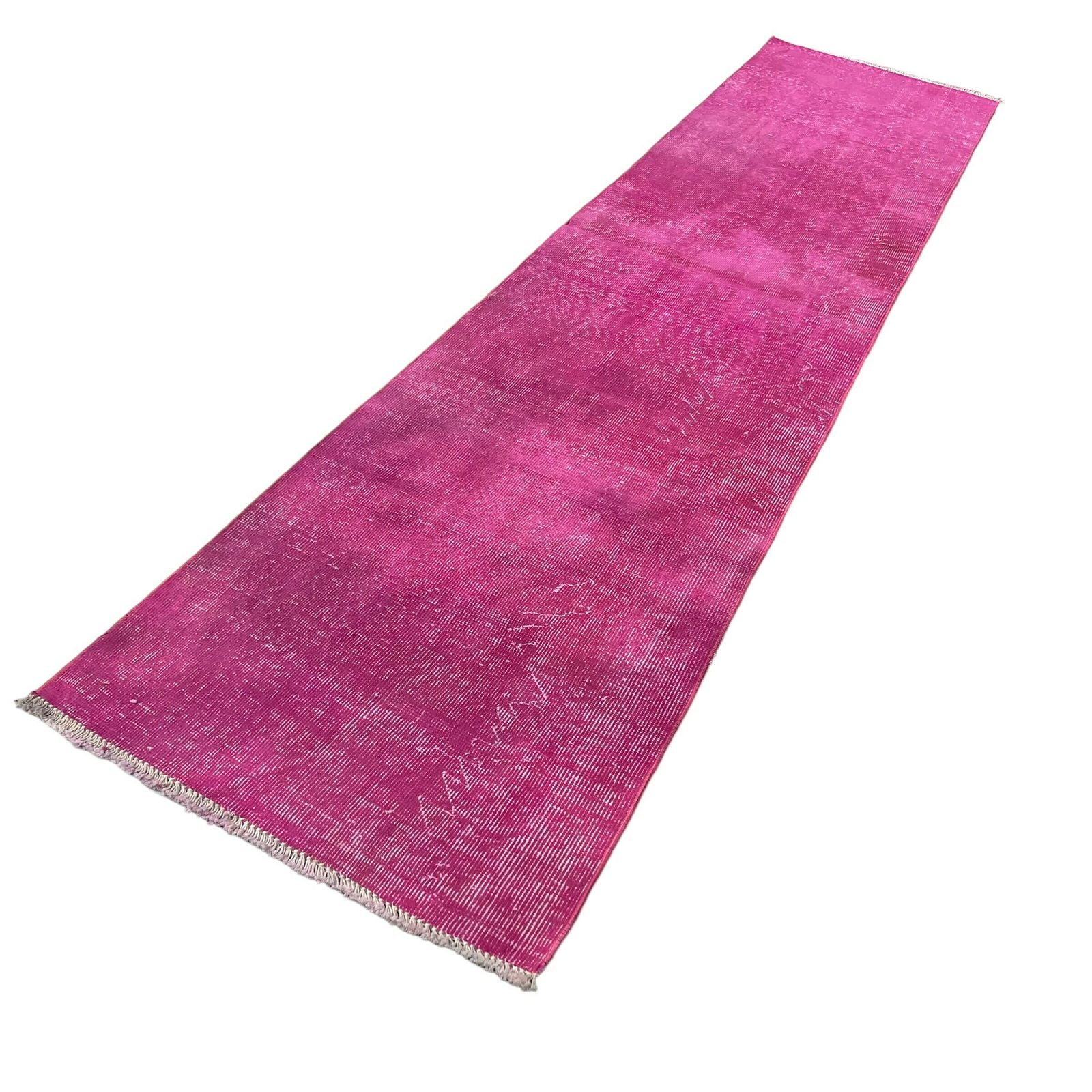 Distressed Turkish Narrow Runner  Wool Vintage Rug, Over Dyed Pink photo buy