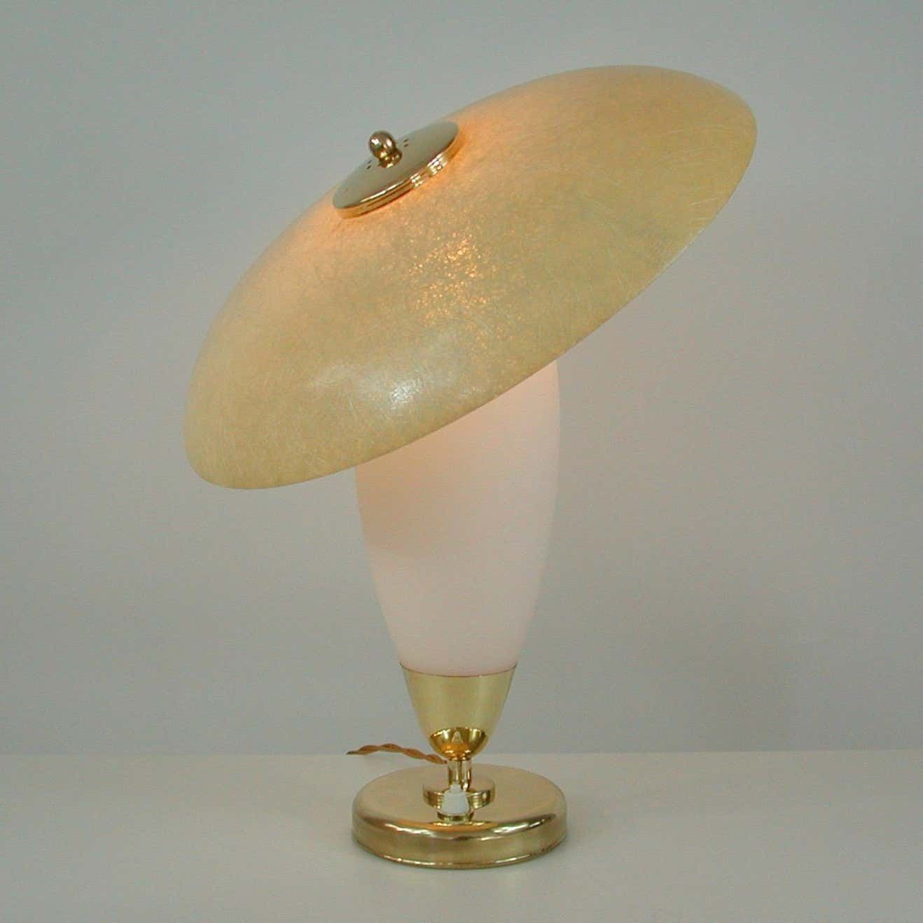 Midcentury Swedish Modern Brass, Opaline And Fiberglass Saucer Table Lamp, 1950s photo vinterior