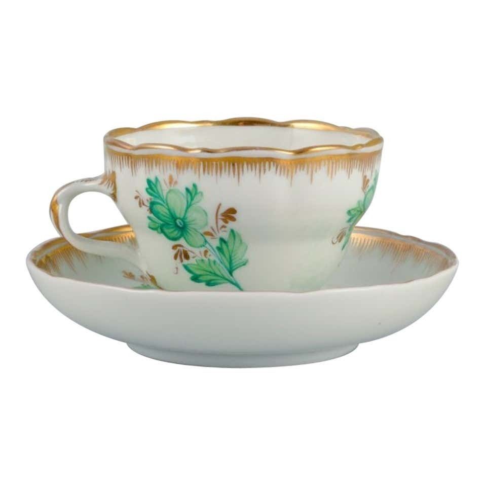 Kpm Berlin Chocolate Cup Hand Painted With Green Flowers And Gold Decoration
