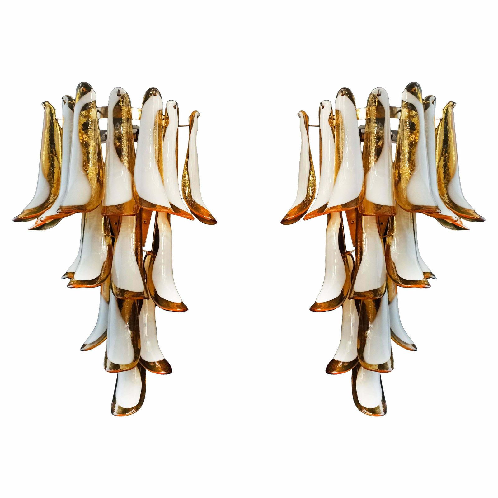 Pair Of Vintage Italian Murano Wall Lights   16 Caramel And Lattimo Glass Petals