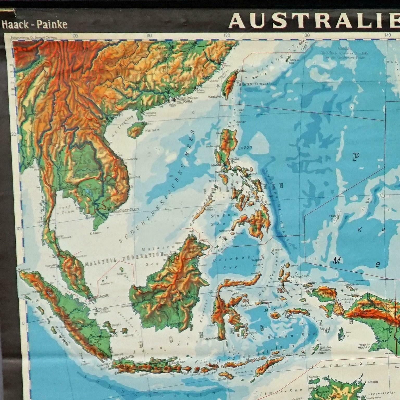 Vintage Mural Map Rollable Wall Chart Poster Australia New Zealand Indonesia photo 344.0