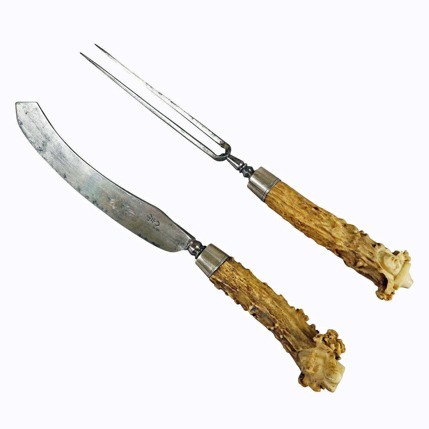 Antique Set Of Rustic Carter Cutlery With Carved Horn Handles 18th photo furniture