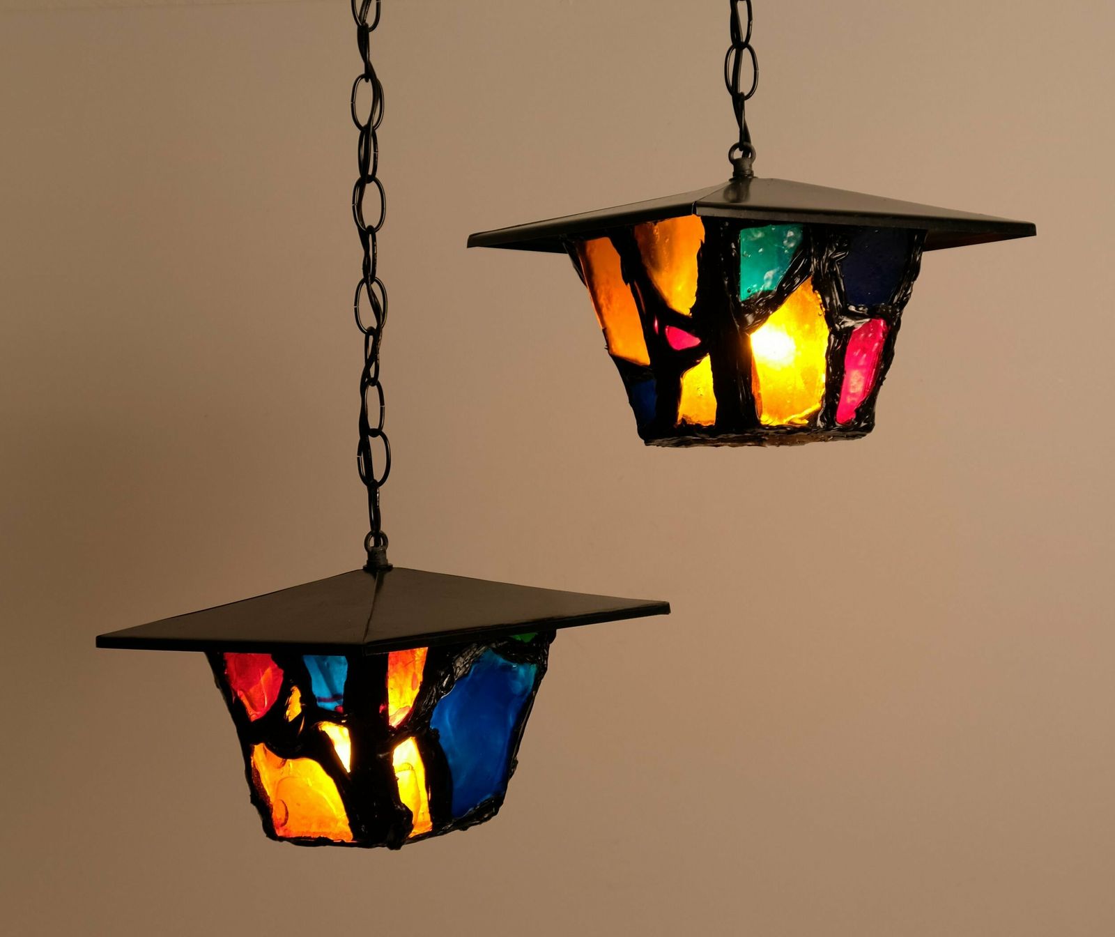 Pair Of Coloured Glass Pendants In The Style Of Peter Marsh