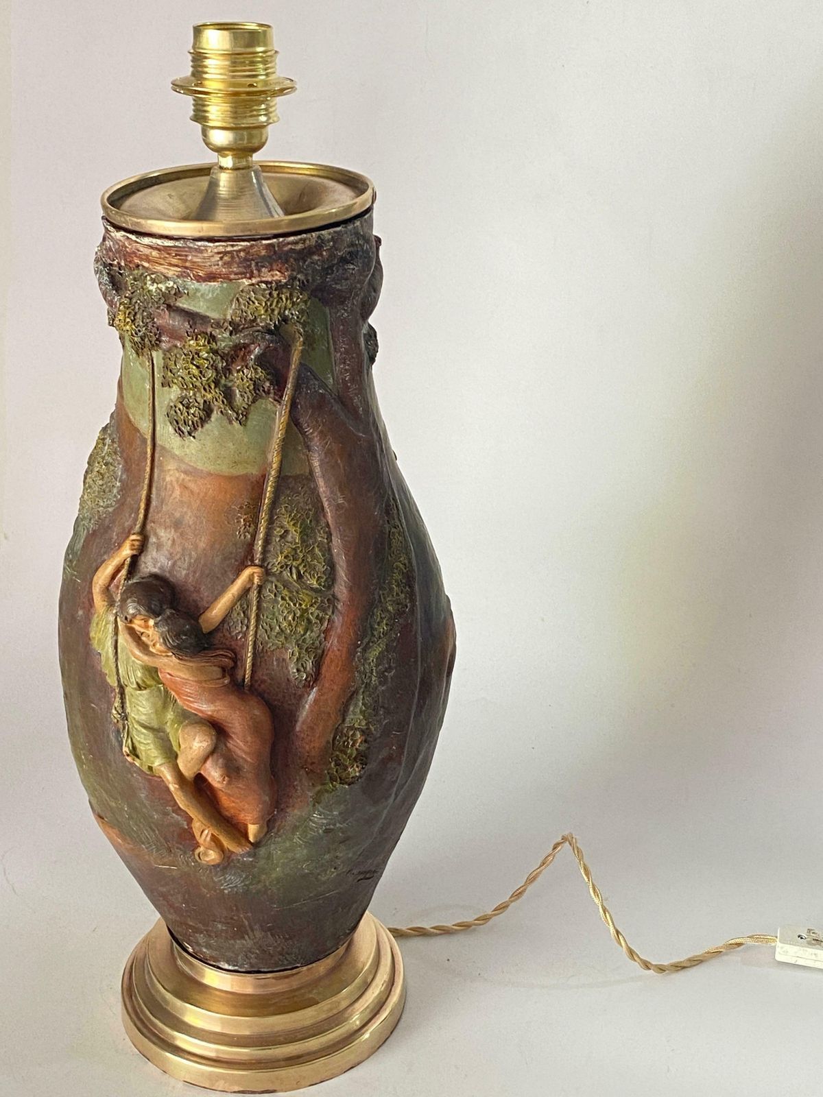 French Art Nouveau Ceramic Table Lamp Brown Green Color Signed Georges Trinque photo buy