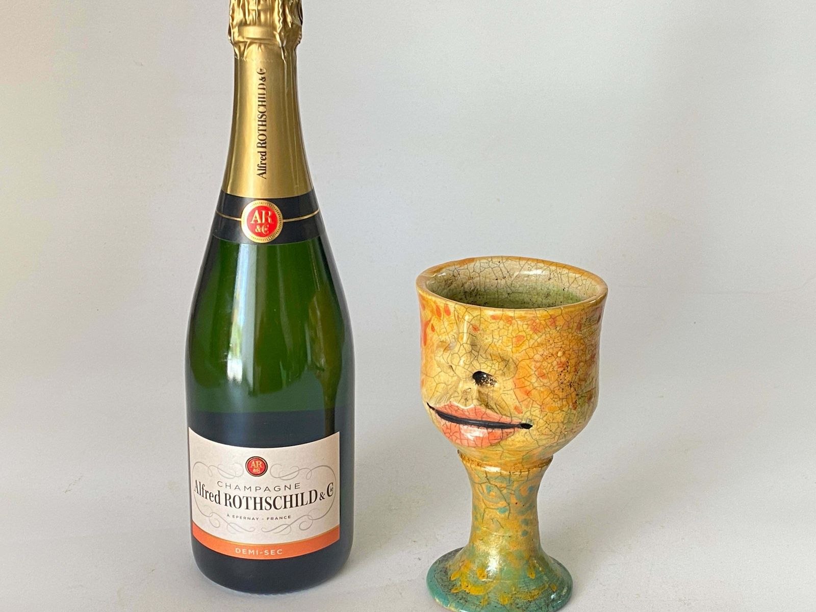 French Raku Chalice In Cracked Ceramic Circa 1960 France Yellow Color photo for sale