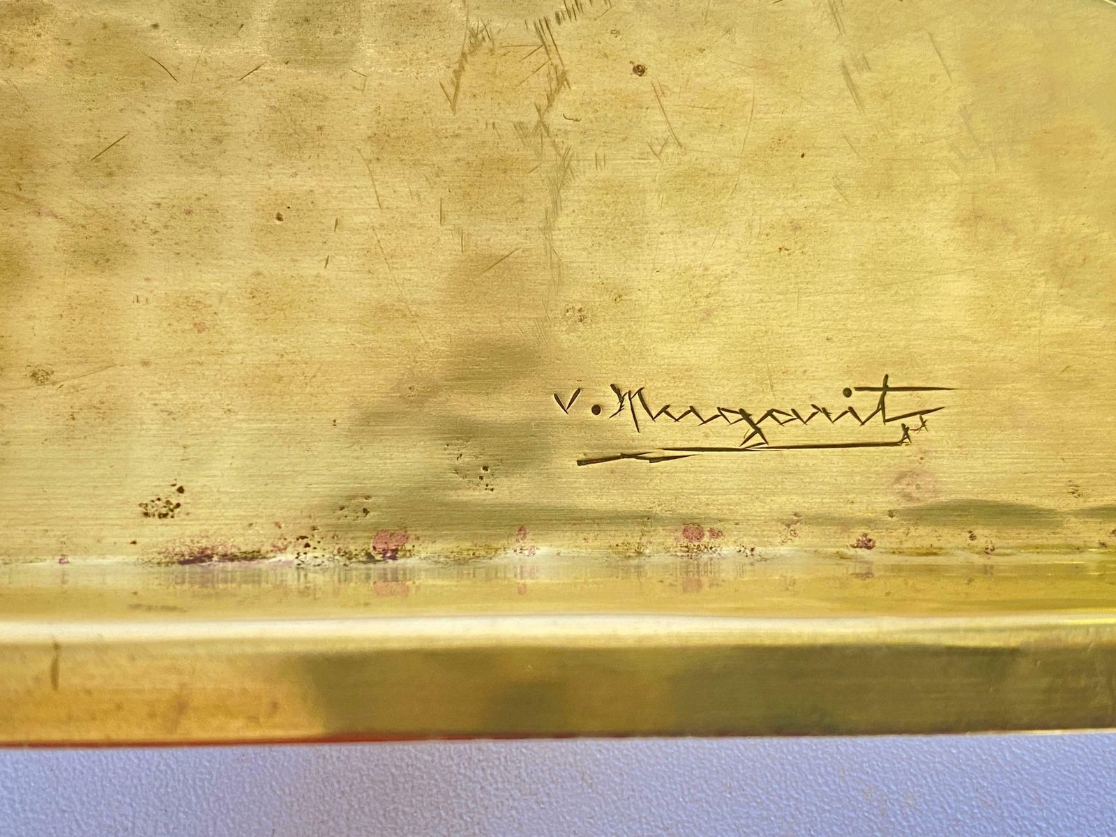 Platter In Brass, Art Deco Period, Gold Colour, 2 Signed, France 1940 photo vintage
