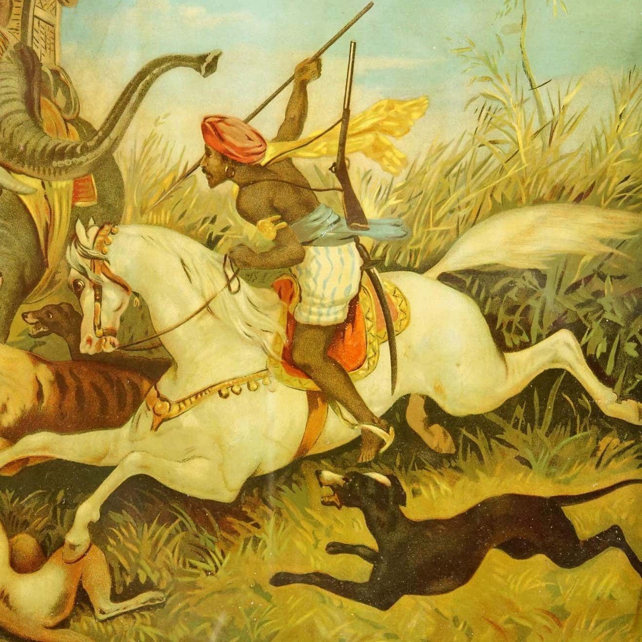 Antique Oil Print With Dramatic Tiger Hunting Scene In India 19th Century photo vinterior