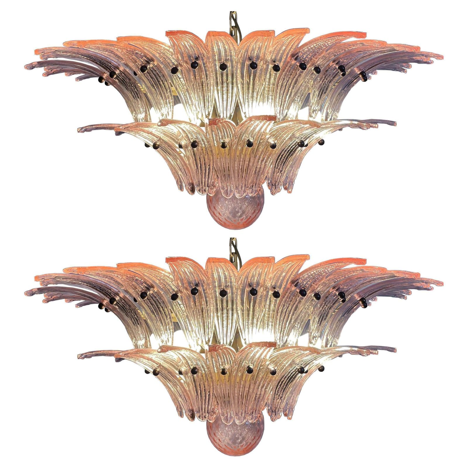 Pair Italian Pink Leaves Chandeliers, Murano
