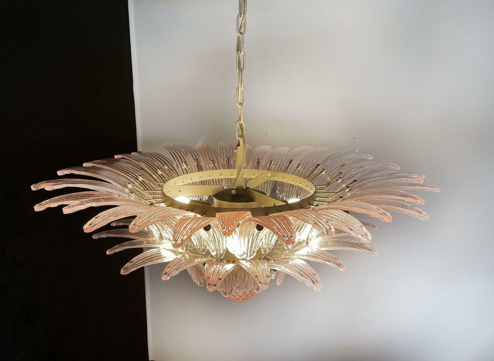 photo furniture Pair Italian Pink Leaves Chandeliers, Murano