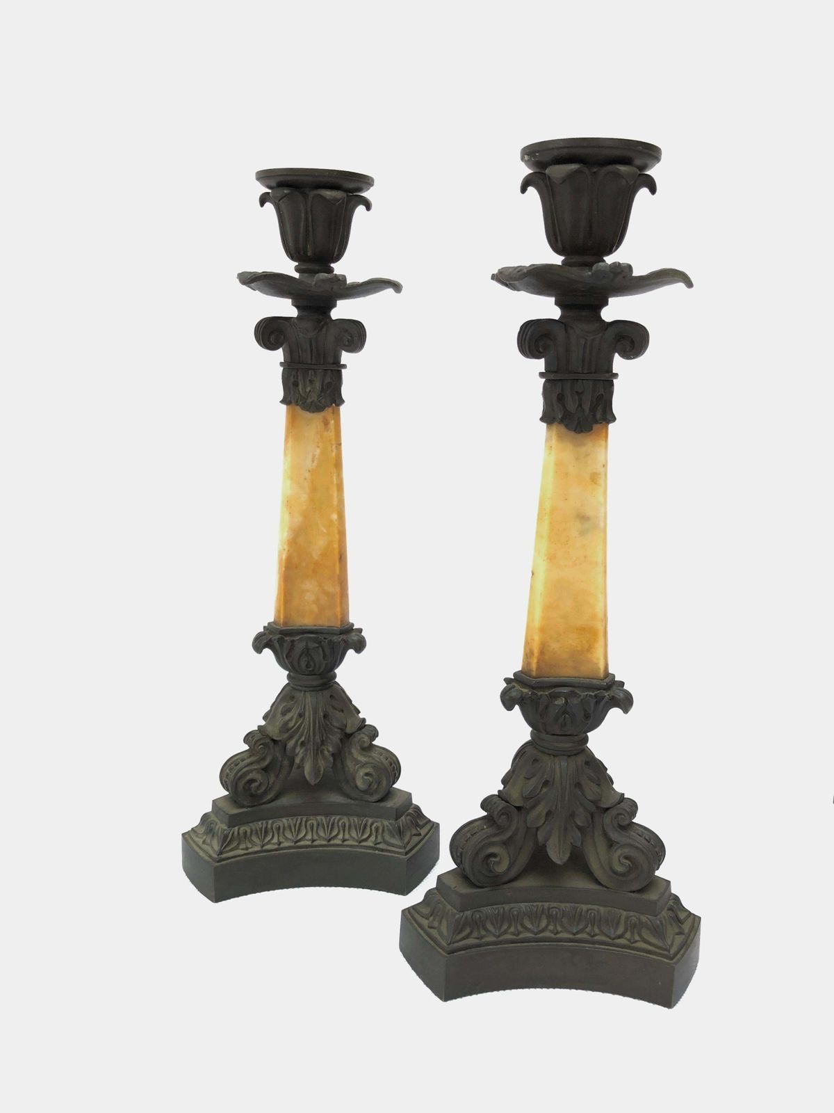 Four French Mid 19th Century Bronze And Sienna Marble Candlesticks By Deniere photo furniture