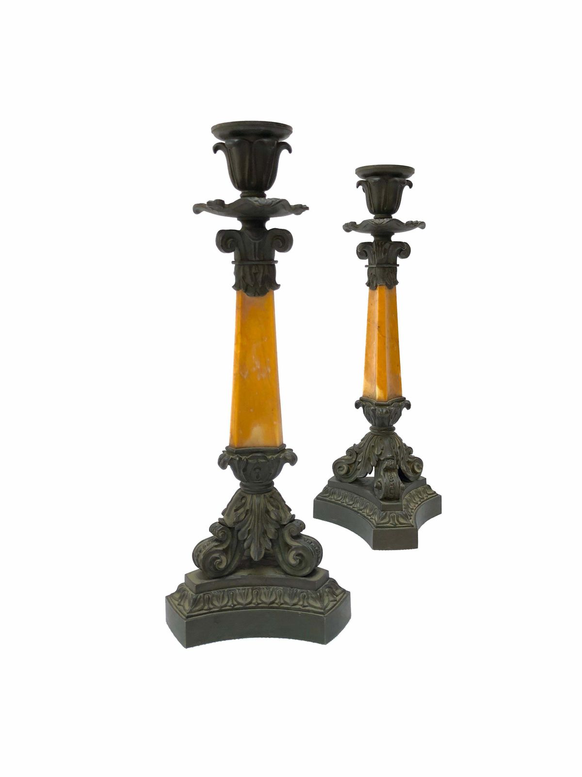 Four French Mid 19th Century Bronze And Sienna Marble Candlesticks By Deniere photo for sale